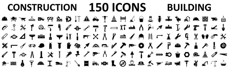 set 150 construction icons, building, repair tools – stock vector
