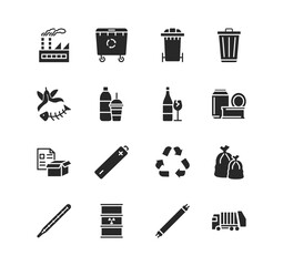 Recycling and sorting of waste glyph flat icon set. Garbage sorting. Vector illustration trash, factory, garbage truck, radioactive rubbish
