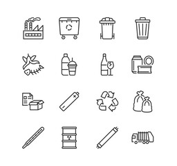 Recycling and sorting of waste line flat icon set. Garbage sorting. Vector illustration trash, factory, garbage truck, radioactive rubbish. Editable strokes