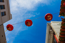 Traditional Chinese Lampions Strung Overhead In Chinatown, San Francisco, California,USA