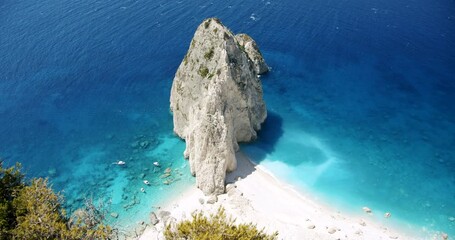 Wall Mural - Zakynthos island, Greece. Secluded beach with white rock formation near Keri with blue lagoon, tourist pleasure boats. Top view