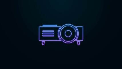 Sticker - Glowing neon line Presentation, movie, film, media projector icon isolated on black background. 4K Video motion graphic animation