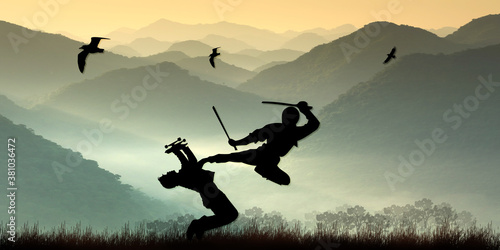 Fotografía Sunset silhouette landscape illustration background concept.