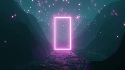 Wall Mural - 4k video animation of foggy riverside and mountain landscape, with a magical pink environment and ne
