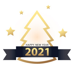 Sticker - 2021 Happy new year with pine tree ribbon and stars gold style vector design