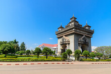 Patuxay, The Victory Gate Is A War Monument In The Centre Of VIENTIANE ,LAOS PDR. The Most Famous Landmark Of LAOS. Layout For Magazine, Ads.