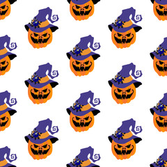 Wall Mural - Halloween spooky face orange pumpkin seamless pattern