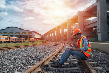 engineer sitting on railway inspection. construction worker Using laptop on railways. Engineer work on railway, rail, engineer, Infrastructure