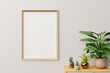 © EZPS - Home interior poster mock up with vertical wood frame with ornamental plants in pots on empty wall background.