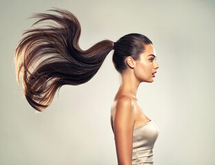 Profile portrait of a beautiful woman with a long straight  hair.