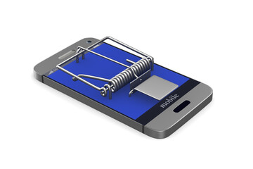 Wall Mural - phone in mousetrap on white background. Isolated 3D illustration