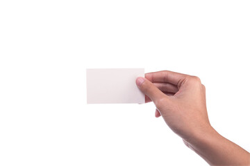 Hand Hold Blank White Card Mock-up. SIM Cellular Plastic NFC Smart Tag Call-card Mock Up Template. Credit Namecard or Transport Ticket. Christmas Store Discount Loyalty Gift. Copy space.