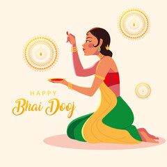 Wall Mural - happy bhai dooj and indian woman cartoon with bowl vector design