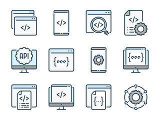 Programming and Development related vector color line icons. Web and Application Development colorful outline icon set.