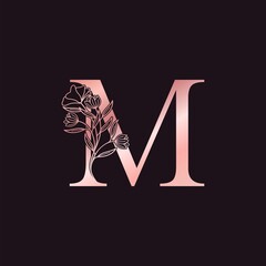 Gold Rose Flower Letter M Luxury Logo. Elegant alphabet monogram nature floral ornate initial letter design