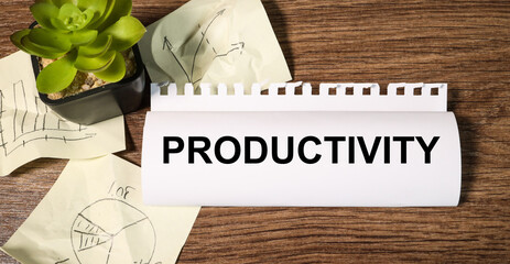 productivity. Text on white paper on wood background