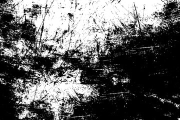 The grunge texture is black and white. Monochrome abstract background. Pattern of scratches, chips, and paint strokes. Black smudges, scuffing, wear and tear