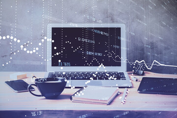 double exposure of desktop computer and technology theme hologram. concept of software development.