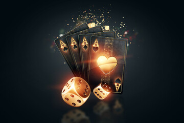 Wall Mural - Creative poker template, background design with golden playing cards and poker chips on a dark background. Casino concept, gambling, header for the site. Copy space, 3D illustration, 3D render.