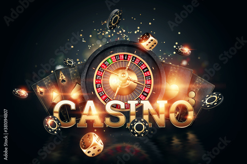 Cuadros en Lienzo Creative casino background, inscription casino in gold letters playing cards roulette on a dark background