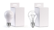 Electric Light Bulbs LED And Incandescent With Blank Paper Box Isolated On White. Mock Up