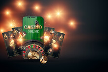 Creative Background, Online Casino, Smartphone With Playing Cards Roulette And Chips, Black Gold Background. Internet Gambling Concept. Copy Space. 3D Illustration, 3D Render.