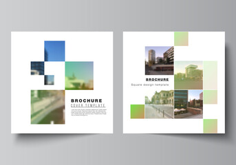 Vector layout of two square format covers design templates for brochure, flyer, magazine, cover design, book design, brochure cover. Abstract project with clipping mask green squares for your photo.