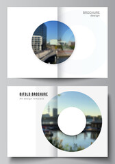 Vector layout of two A4 cover mockups templates for bifold brochure, flyer, magazine, cover design, book design. Background template with rounds, circles for IT, technology. Minimal style.