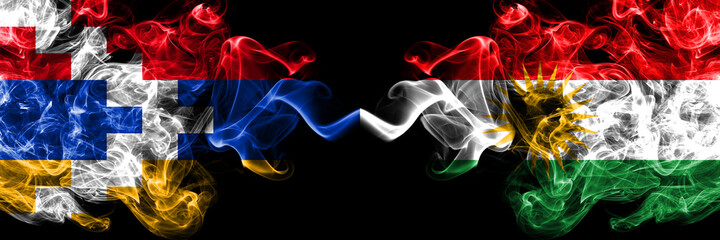 Nagorno-Karabakh, Artsakh vs Kurdistan, Kurdish smoky mystic flags placed side by side. Thick colored silky abstract smoke flags