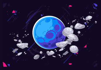 Wall Mural - vector illustration of an unknown planet in outer space against a background of shooting stars with 