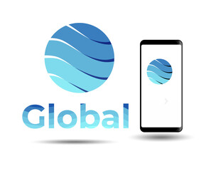 Wall Mural - abstract blue globe logo design with smartphone background. business. technology. company