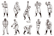 Group Of Vintage Baseball Players In A Row, After Antique Illustrations From The 19th Century