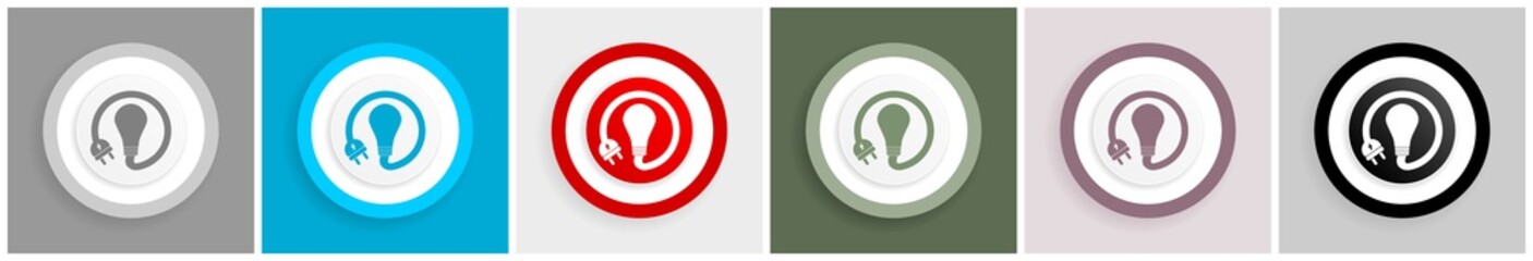 Poster - Bulb, innovation, electricity icon set, colorful flat design vector illustrations in 6 options for web design and mobile applications