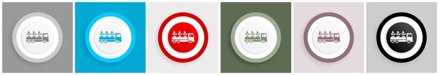 Leinwandbilder - Truck, plants and trees delivery icon set, colorful flat design vector illustrations in 6 options for web design and mobile applications