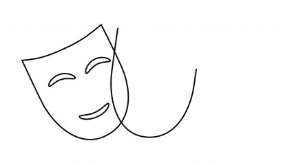 Wall Mural - Self drawing animation of drama, comedy and tragedy masks outlines. Line art on white background. Theatre symbol. Copy space.