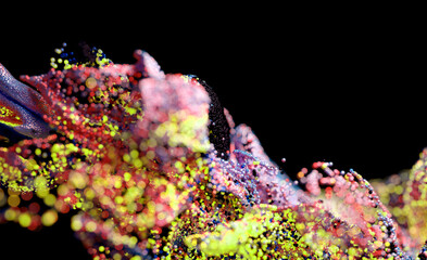 3d render of abstract art 3d background with part of surreal growing explosion smoke cloud splash fluid based on small pink yellow and blue foam balls particles in movement with depth of field 