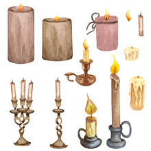 Set Of Silhouette Candles. Watercolor Illustration Of Vintage Candle Holders.