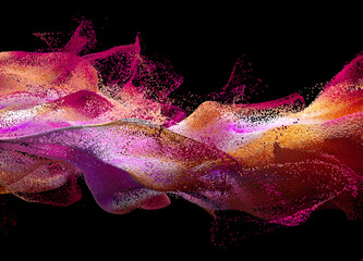 Wall Mural - 3d render of abstract art of surreal 3d background with part of growing explosion smoke cloud splash fluid based on small pink and orange foam balls particles in movement on black