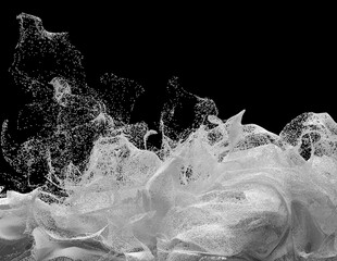 3d render of abstract black and white monochrome art of surreal smoke cloud splash fluid based on small foam balls particles in movement on isolated black background