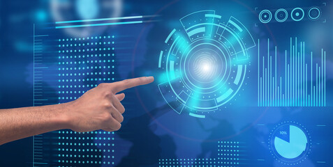 Poster - Modern Technologies. Hand pushing virtual button with fingerprint icon on digital touchscreen
