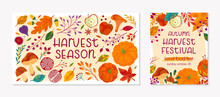 Bundle Of Autumn Harvest Fest Banners With Pumpkins,mushrooms,eggplant,apple,zucchini,tomatoes,corn,beet,berries And Floral Elements.Local Food Fest Design.Agricultural Fair.Harvest Season.