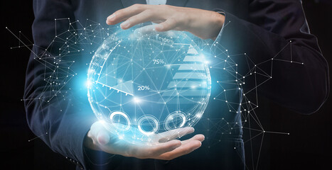 Poster - Modern Business Technologies. Businessman Holding Globe Hologram With Graphs And Charts