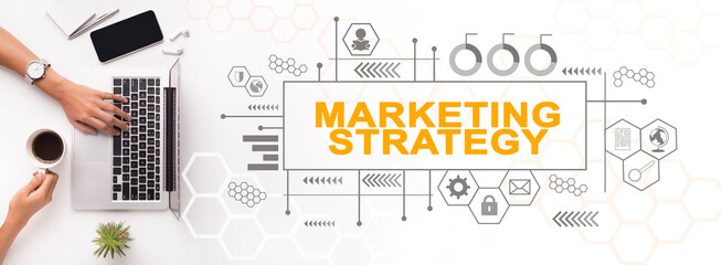 Poster - Marketing Specialist Using Laptop Working On E-Business Promotion, White Background