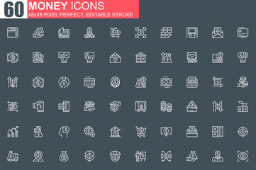 Leinwandbilder - Money thin line icon set. Money management and saving outline pictograms for website and mobile app GUI. Capital investment simple UI, UX. Grid 48x48 pixel perfect linear vector icons pack.