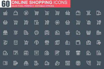 Poster - Online shopping thin line icon set. Internet marketplace outline pictograms for website and mobile app. Online order and delivery simple UI, UX. Grid 48x48 pixel perfect linear vector icons pack.