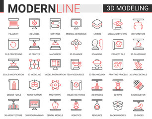 Aufkleber - 3d printing science technology flat web icon vector illustration set. Red black thin line creative design with 3d modelling modern cyber tech printer equipment machinery, future scientific innovations