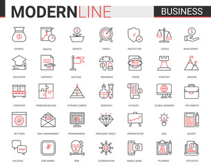 Poster - Business flat thin red black line icon vector illustration set with outline infographic symbols of success business strategy for money savings growth, successful planning budget and office work