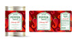 © Nataly - Pepper Sauce Extreme Hot label and packaging. Can with label. Text in frames on seamless pattern with ripe peppers.