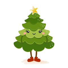 Poster - Funny hand drawn Christmas tree - Kawaii character for Christmas. Hand drawn fir tree for Xmas greetings cards, invitations. Good for t-shirt, mug, scrap booking, gift, printing press. Winter Holiday 