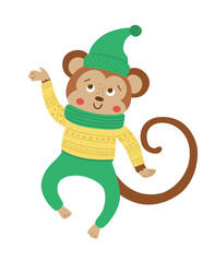 Wall Mural - Vector jumping monkey in hat, scarf and sweater. Cute winter animal illustration. Funny Christmas card design. New Year print with smiling character.